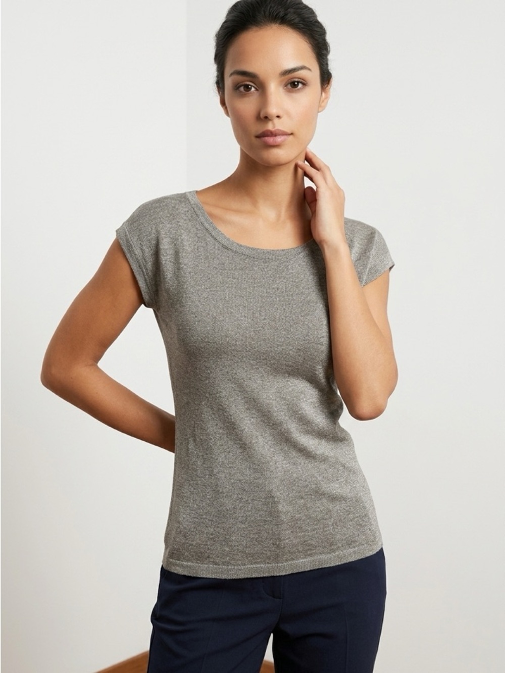 Banana Republic Classic Crewneck Cap-Sleeve Tee - Gray Rabit Cotton and Cashmere
